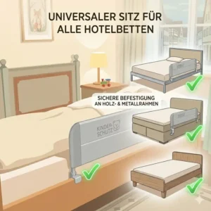 Ein kompaktes und mobiles Bettgitter für Hotelzimmer Kinder, ideal zusammengeklappt für die Urlaubsreise.