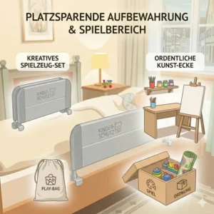 Eine platzsparende Aufbewahrungslösung im Schrank für ein klappbares Bettgitter für Hotelzimmer Kinder.