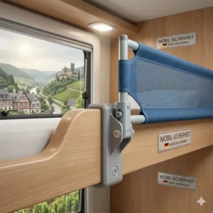 A photorealistic illustration focusing on the sturdy mechanical mounting joint of a bettgitter für wohnmobil bett.
