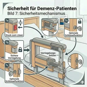 Sicherer Verriegelungsmechanismus am bettgitter für demenz patienten gegen unbefugtes Öffnen.