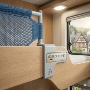 A macro illustration showing the secure connection of the mesh fabric and frame of a bettgitter für wohnmobil bett.
