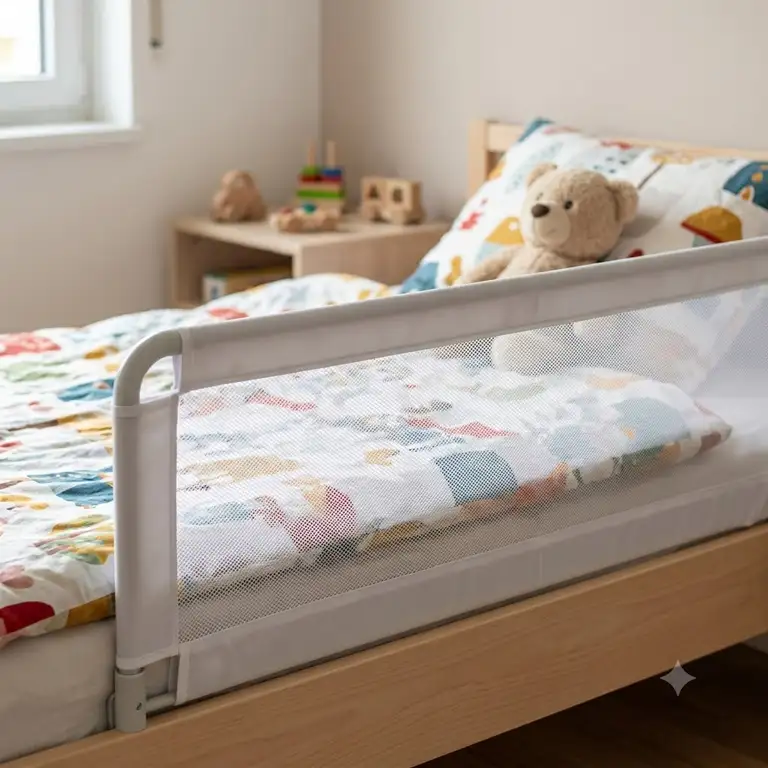 Ein stabiles bettgitter mit netzmaterial an einem hölzernen Kinderbett für optimalen Rausfallschutz.