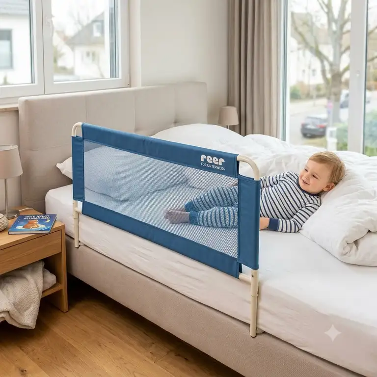 Bettgitter mobile kindersicherung installed on an adult bed for a toddler in a modern German bedroom.