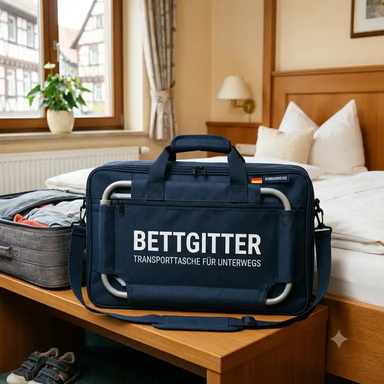 Ein praktisches bettgitter transporttasche unterwegs für Familien auf Reisen im Hotelzimmer.