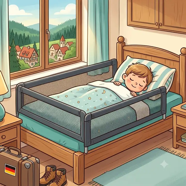 A featured image showing a secure bed guard (bettgitter) for a child during a safe vacation (urlaub mit kind sicher) in Germany.