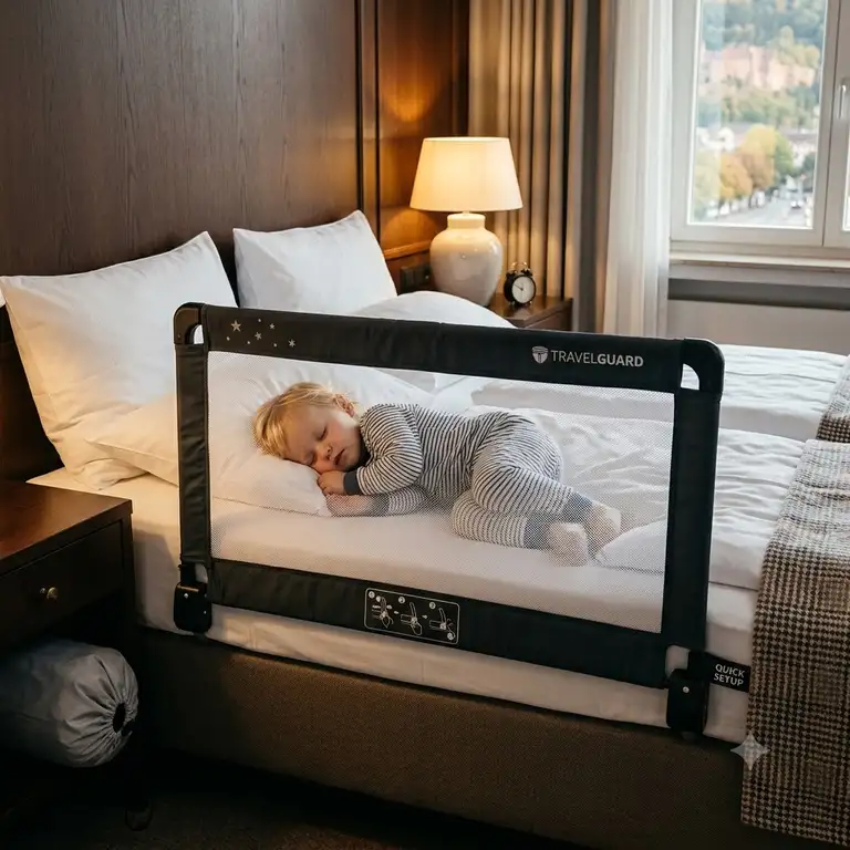 Ein bettgitter schnell aufgebaut reisen im Hotelzimmer, um das Kleinkind vor dem Herausfallen aus dem Bett zu schützen.