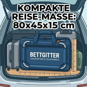 Grafik zeigt die kompakten Maße für ein bettgitter transporttasche unterwegs beim Packen.