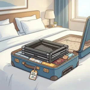 Illustration zur einfachen Montage eines bettgitter platzsparend reisen am Hotelbett.