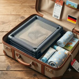 An illustration of a mobile bed guard (bettgitter) being packed into a suitcase for a safe vacation (urlaub mit kind sicher).
