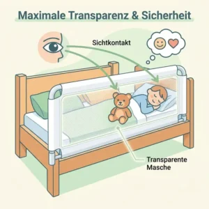 Skizze zeigt den klaren Sichtkontakt zum Kind durch das transparente bettgitter mit netzmaterial.