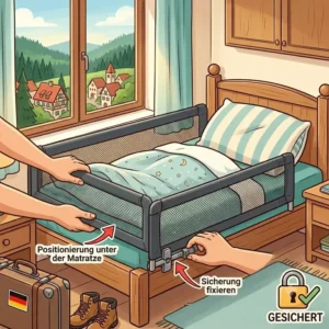 An illustration showing the installation of a secure bed guard (bettgitter) on a hotel bed for a child's safe vacation (urlaub mit kind sicher).