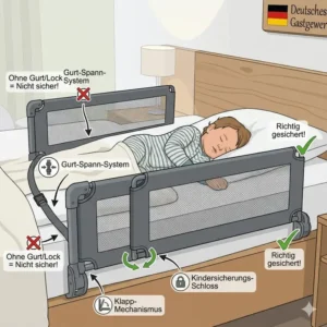 Eine detaillierte Anleitung zur Montage für das bettgitter unterwegs kindersicherung unter der Matratze.