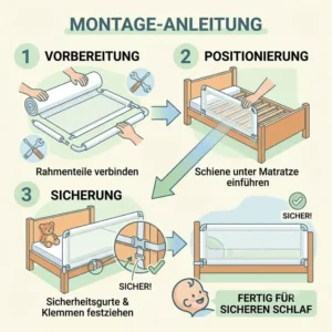 Schritt-für-Schritt-Anleitung zur einfachen Montage von einem bettgitter mit netzmaterial am Bett.