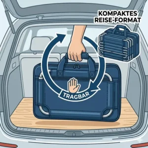 Kinderbettgitter und ein faltbares bettgitter transporttasche unterwegs ordentlich verstaut im Kofferraum.
