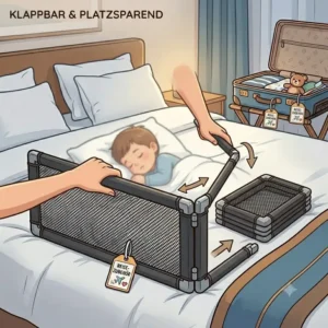 Infografik zur Klappfunktion eines bettgitter platzsparend reisen für die Urlaubsreise.