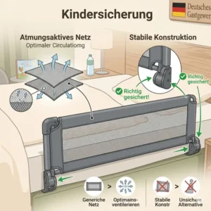 Nahaufnahme der Materialqualität vom bettgitter unterwegs kindersicherung mit sicherem Netzgewebe.