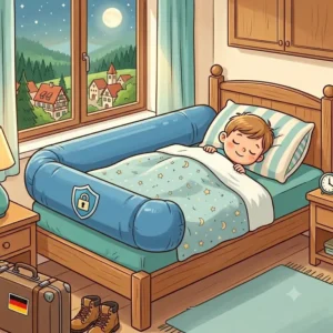 An illustration showing an inflatable, lightweight bed guard (bettgitter) for a child on a safe vacation (urlaub mit kind sicher).