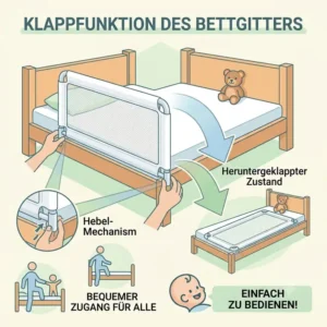 Grafik des herunterklappbaren Mechanismus für ein bettgitter mit netzmaterial zum leichten Einstieg.