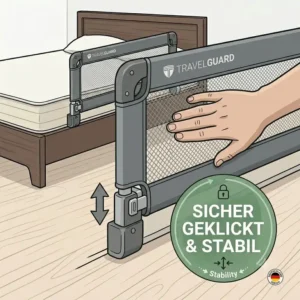 Die stabilen Sicherheitsgurte und das Netz von einem bettgitter schnell aufgebaut reisen im Test.
