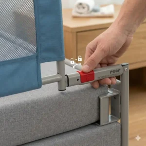 Bettgitter mobile kindersicherung mounted to the grey upholstered base of a box spring style bed