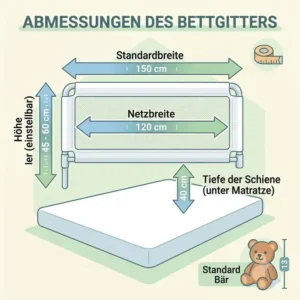 Übersicht zu den Abmessungen und der Höhenverstellung für das bettgitter mit netzmaterial.