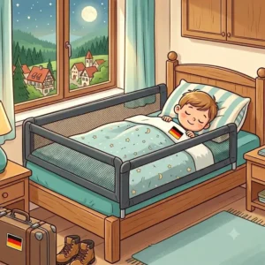 An illustration focusing on a child sleeping peacefully behind a secure bed guard (bettgitter) during a safe vacation (urlaub mit kind sicher).