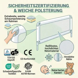 Detailansicht der weichen Polsterung und Sicherheit bei diesem bettgitter mit netzmaterial.