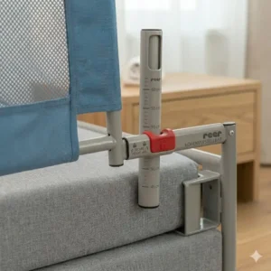 Bettgitter mobile kindersicherung installed on a child's bed in a cozy hotel room setting with a wooden nightstand