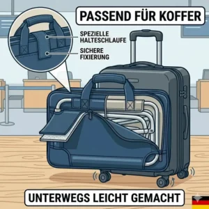 Das mobile bettgitter transporttasche unterwegs lässt sich einfach am Reisekoffer befestigen.