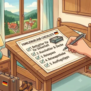 An illustration of a family vacation checklist that includes a secure bed guard (bettgitter) for a safe vacation (urlaub mit kind sicher).