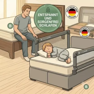 Entspannt schlafende Eltern im Urlaub dank dem sicheren bettgitter schnell aufgebaut reisen.