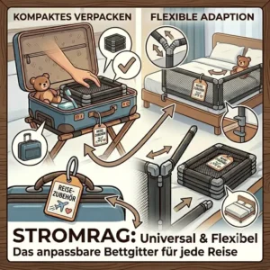 Grafik zeigt wie ein bettgitter platzsparend reisen perfekt im Urlaubsgepäck verstaut wird.