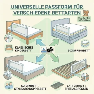 Die Kompatibilität für ein bettgitter mit netzmaterial auf verschiedenen Betttypen wie Boxspringbetten.