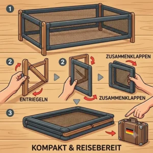 An illustration demonstrating the compact, multi-functional, foldable design of a bed guard (bettgitter) for a child on a safe vacation (urlaub mit kind sicher).