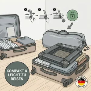 Ein leichtes bettgitter schnell aufgebaut reisen perfekt verstaut im Reisekoffer neben der Kleidung.