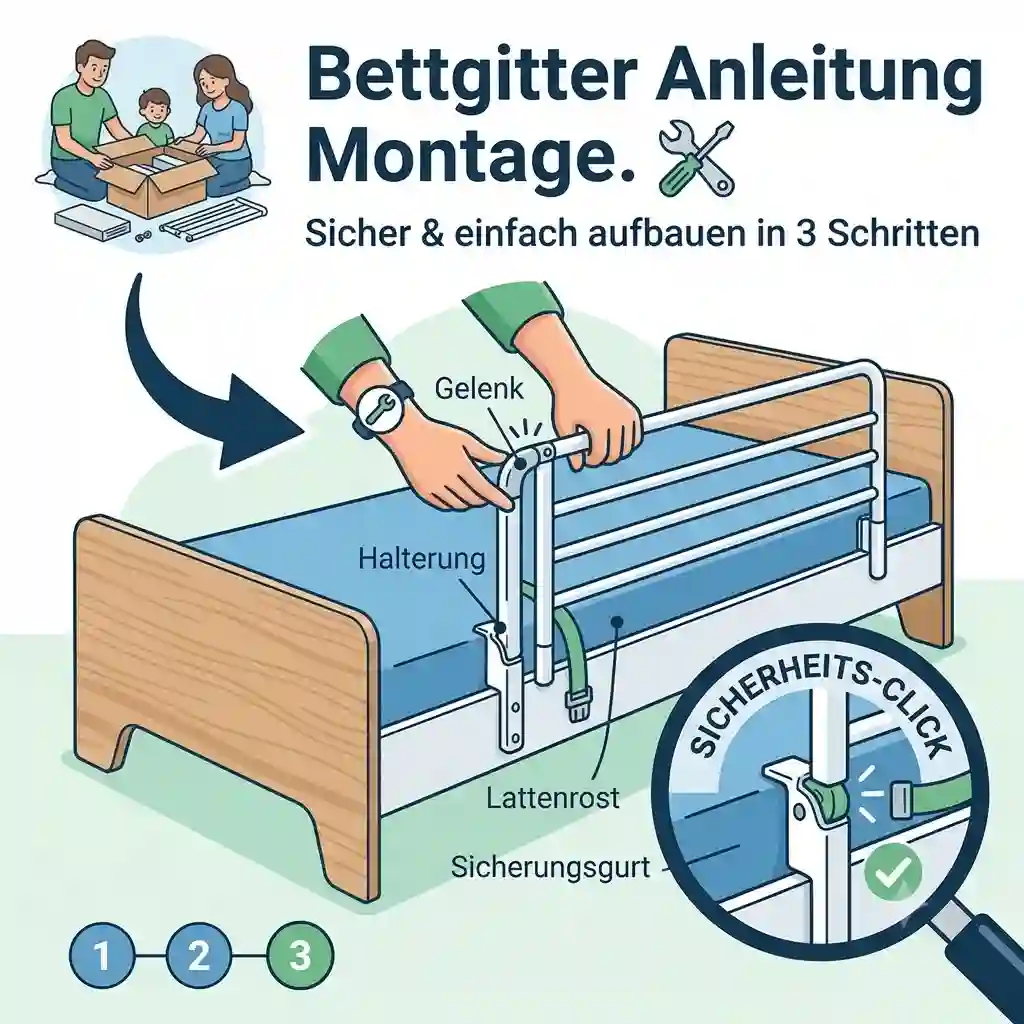 Fully assembled bed rail attached to parent's bed following assembly instructions for optimal fall protection bettgitter anleitung montage