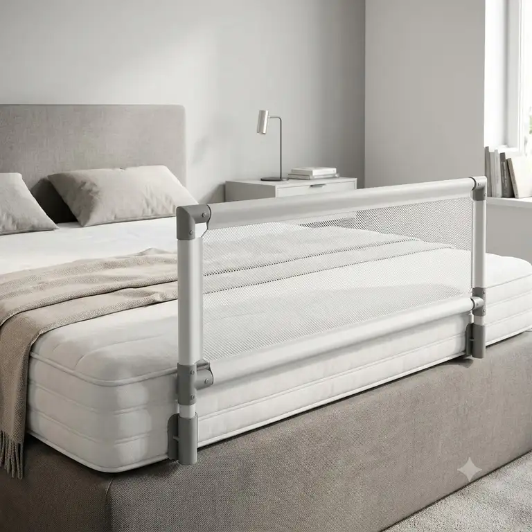 A high-quality 300x300 featured image showing the complete Bettgitter verstärkter Rahmen securely installed on a modern bed.