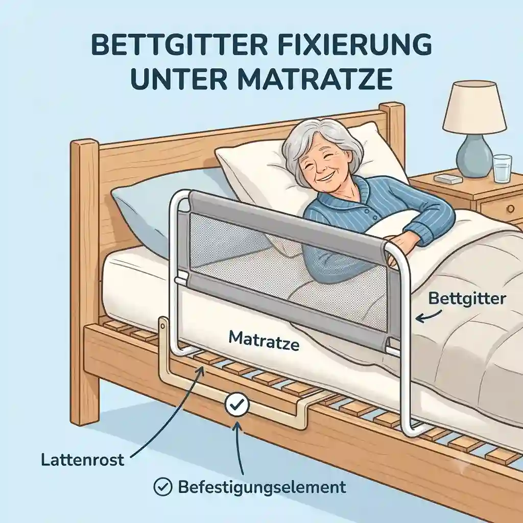 A detailed bedroom setup showcasing a secure bettgitter fixierung unter matratze for safety.