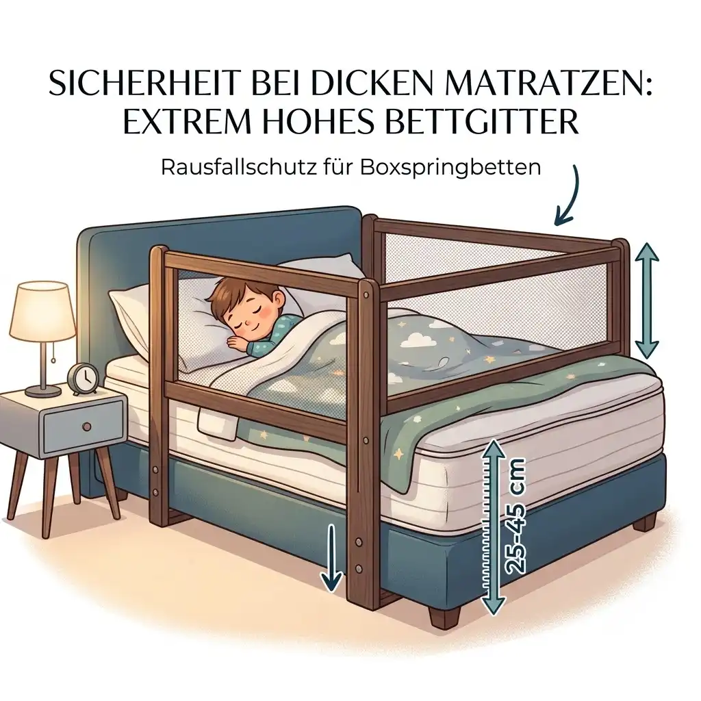 A stable, high bettgitter für dicke matratzen mounted on a box spring bed.