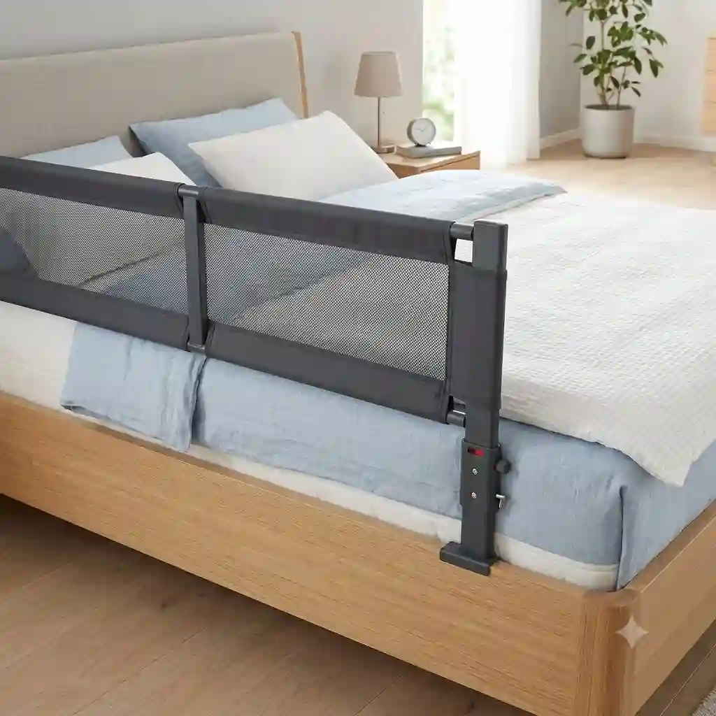 Adjustable bed rail with step-less bettgitter höhenanpassung for optimal safety on box spring beds.