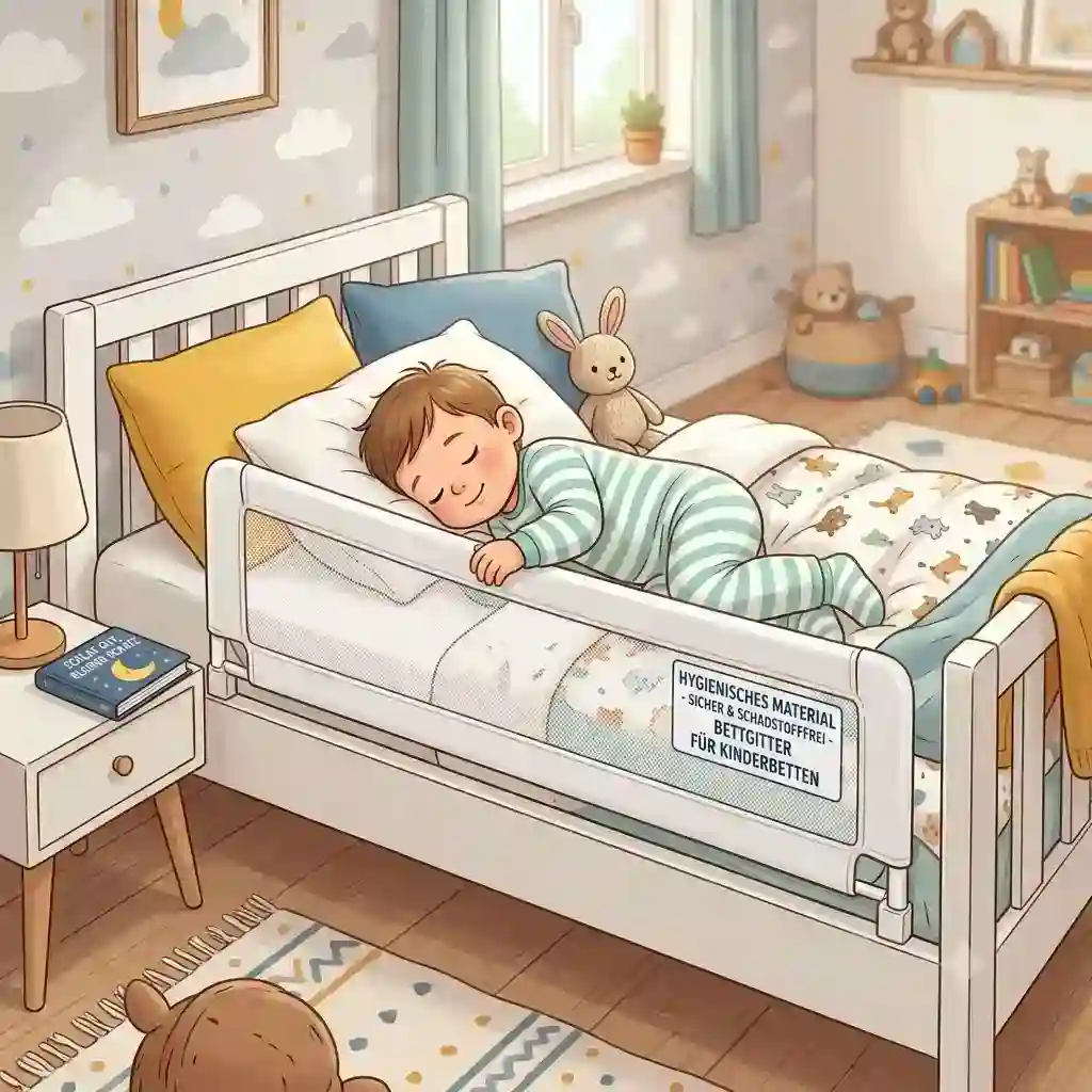 A secure baby bed rail made of bettgitter hygienisches material protecting a child in their crib.