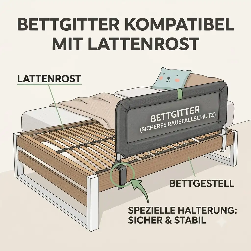 A modern grey bed guard that is a bettgitter kompatibel mit lattenrost and mattress, mounted on a parents' double bed for safety.
