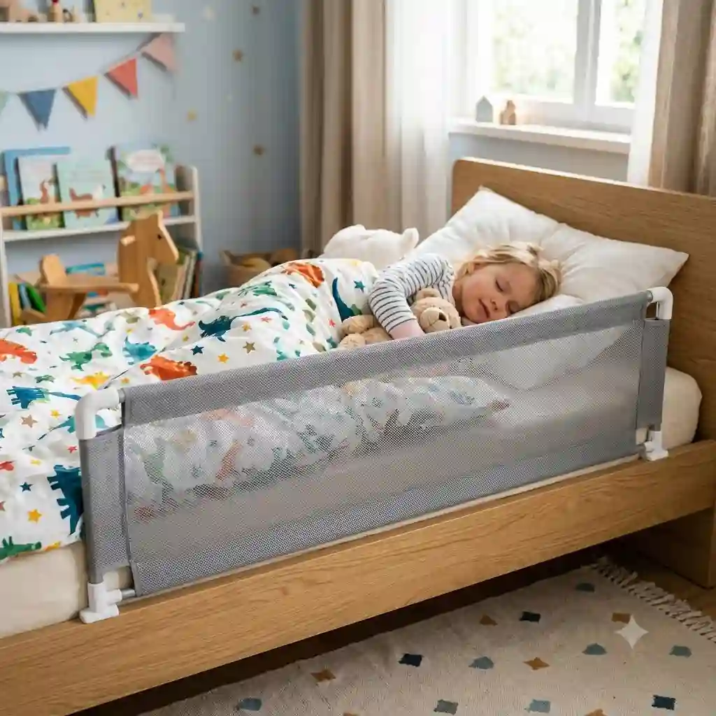 Bettgitter luftdurchlässiger stoff installed on a toddler bed for safety.
