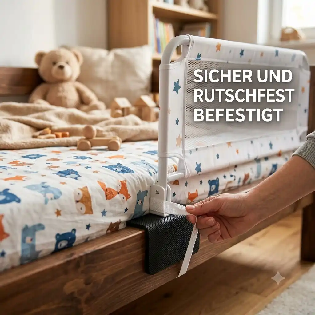 A parent successfully installs a bettgitter rutschfest befestigen on a children's bed.