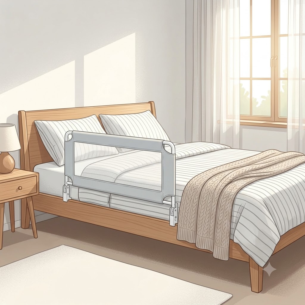 A modern bedroom setting featuring a bed fitted with a bettgitter für dünne matratzen.