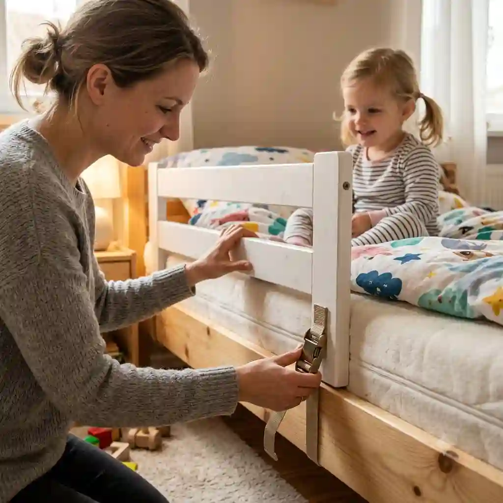 An illustration of a cozy child's bedroom setting, with a parent in the foreground smiling warmly at their young daughter sitting happily on the bed against patterned bedding. The parent is positioned by the bed frame where the protective barrier will be placed. The scene serves as a featured image introducing the safe home safety topic of bettgitter sicher montieren.