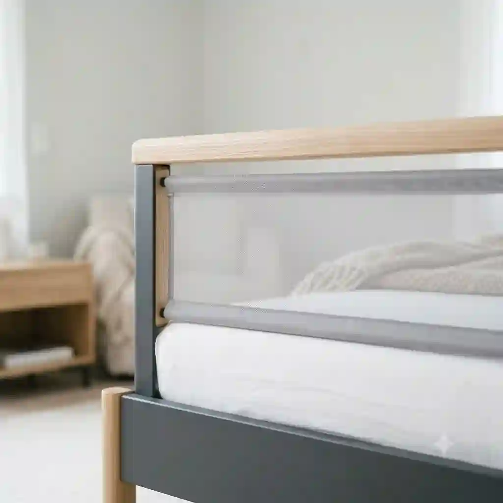Modern bettgitter modern schlichtes design bed rail installed on an elegant box spring bed in a minimalist bedroom.
