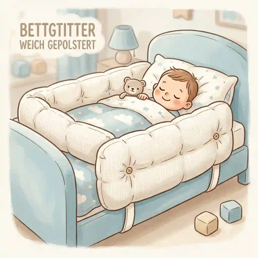 A soft padded bed guard for the toddler bed protects the baby from falling out bettgitter weich gepolstert