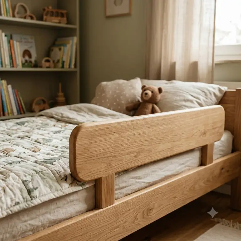 Cozy children's bedroom showing a high-quality bettgitter nachhaltige materialien installed on a bed.