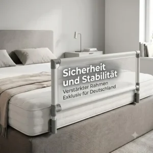 A detailed image of the bed rail mesh, highlighting the "Sicherheit und Stabilität" and "Verstärkter Rahmen" text for the Bettgitter verstärkter Rahmen.